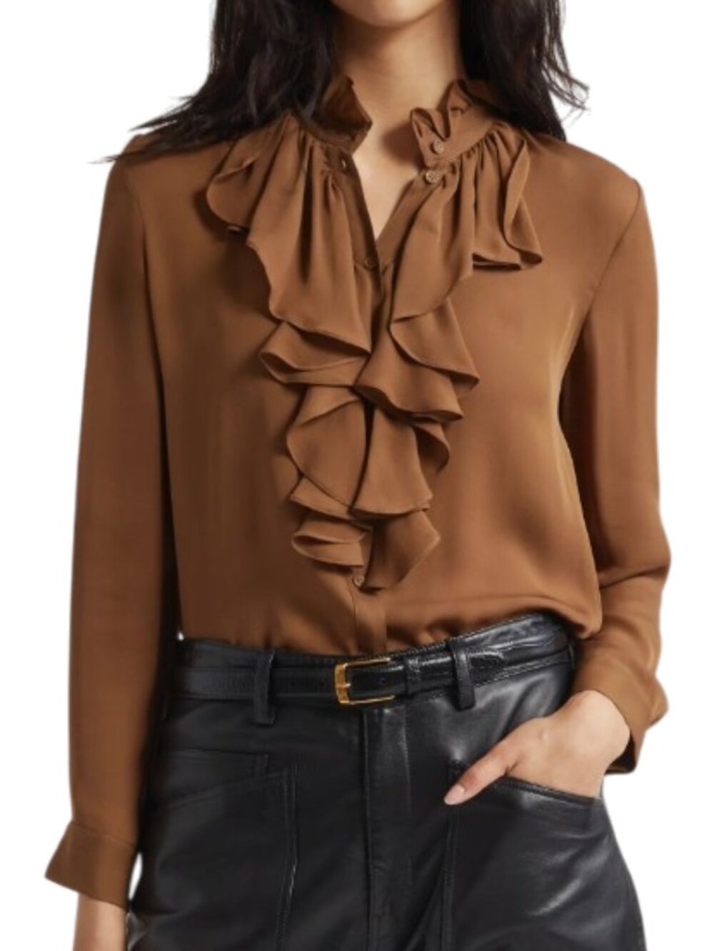 NWT Nili Lotan Lily Ruffle Silk Shirt L Cognac